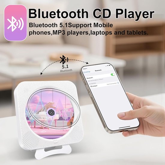 CD-speler met Radio Boombox - Upgrade Bluetooth CD-speler met stofkap en LED-scherm - 3,5 mm AUX-aansluiting met afstandsbediening Home audio FM-radio USB MP3 muziek speler (wit) — afbeelding 3