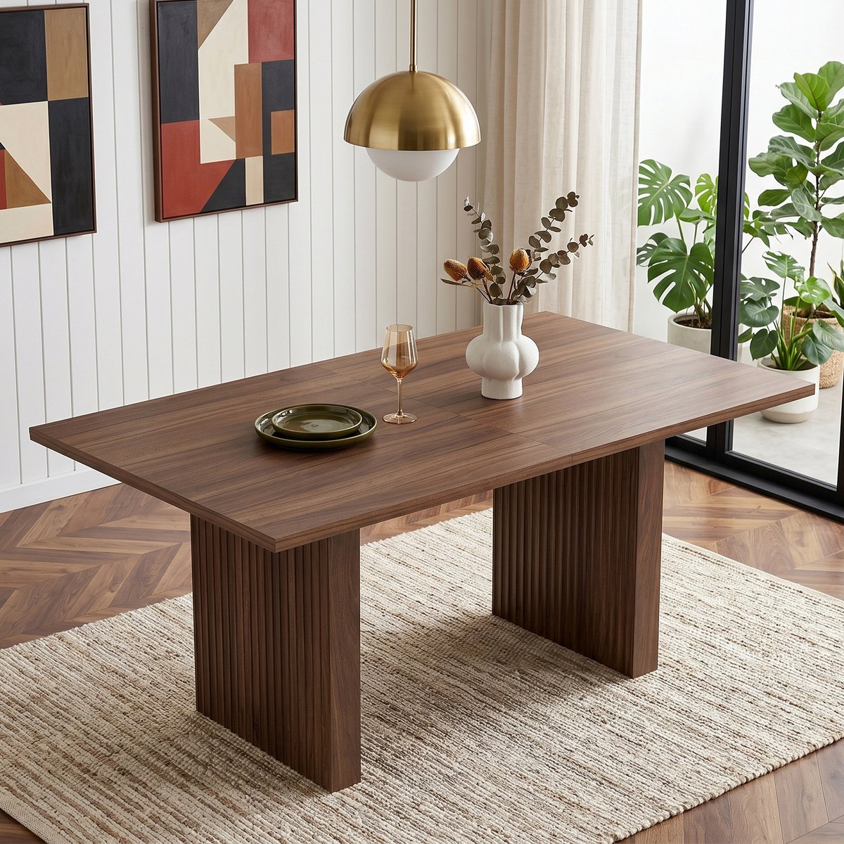 HAUSS SPOLE Eettafel - Uitschuifbaar Voor 6 Tot 8 Personen - Rechthoekig Met Lamelpoten - MDF - 140 Tot 200x90 Cm - Walnoot