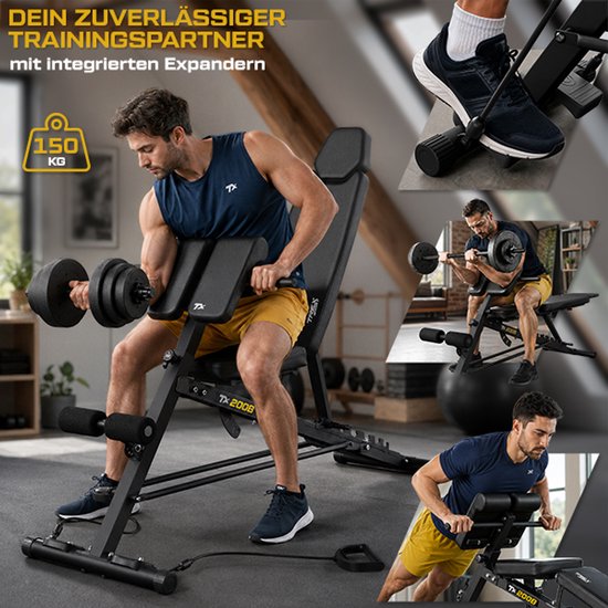 Man met donkerblauw shirt en gele shorts doet een biceps curl op een zwarte fitnessbank. Tekst: "DEIN ZUVERLÄSSIGER TRAININGSARTNER".