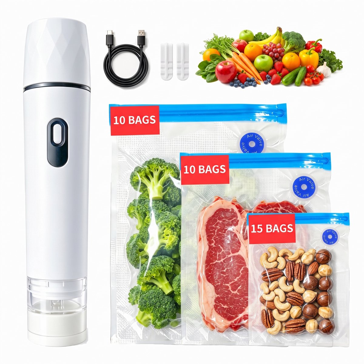 Fokelyi Draagbare Vacumeermachine - Stick Vacuumpomp - USB Oplaadbaar - Compacte Vacumeermachine - voor voedsel - Incl 35 Herbruikbare Vacuümzakken