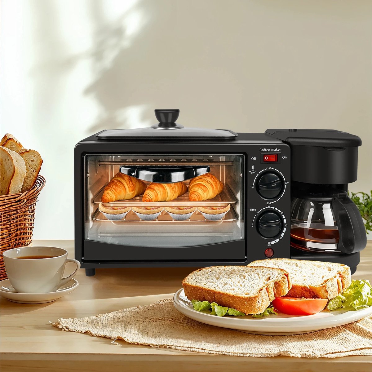 Celestul 3-in-1 Magnetron – Mini Oven 9L – Koffiezetapparaat met Geïsoleerde 600 ml Koffiekan – Broodrooster – Compact Keukenapparaat – Zwart thumbnail 5