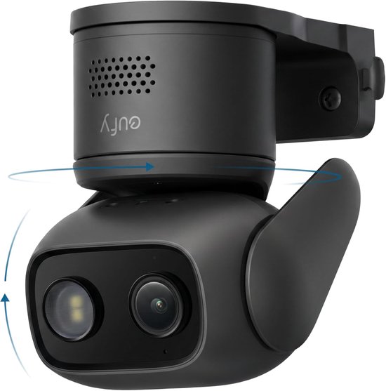 Zwarte eufy camera met dubbele lens en draaibare montagebeugel. Blauwe pijlen geven 360 graden rotatie aan.