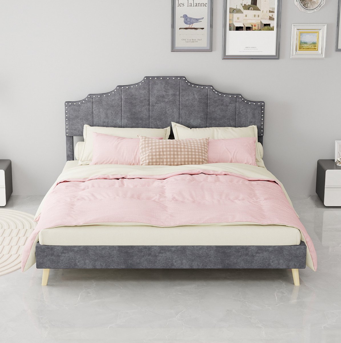 MIVRAY Gestoffeerd Bed 160x200 cm - Tweepersoonsbed Zonder Matras met Geometrisch Hoofdbord en Lattenbodem - Stabiel en Zacht - Stof - Grijs