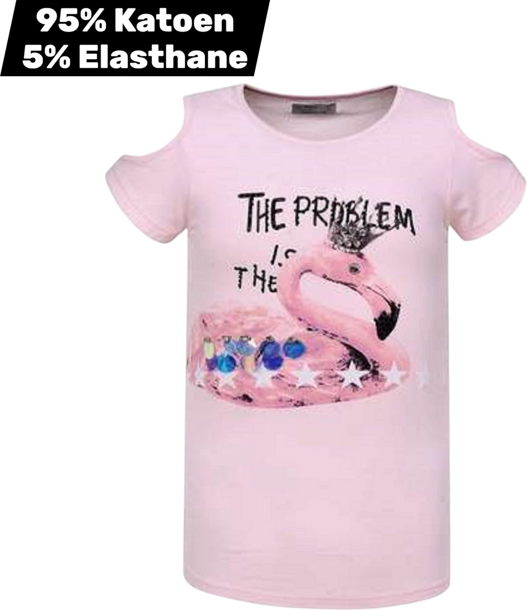 T-shirt flamingo open schouders roze 158