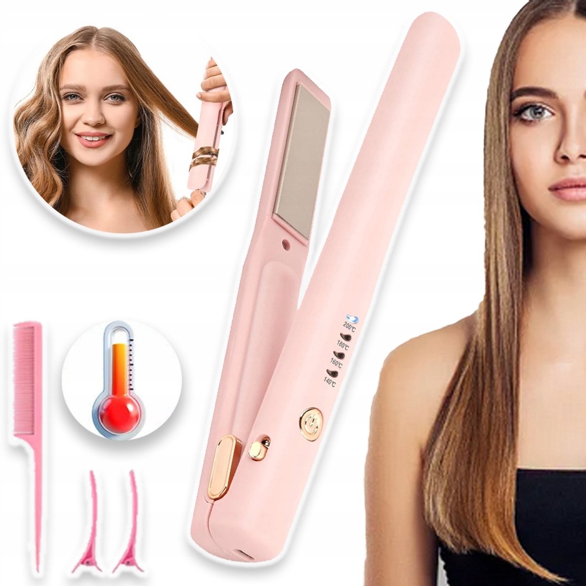 Draadloze Stijltang Met 4 Temperatuurinstellingen - 30 Seconden Snel Opwarmen 2600 mAh Batterij - Mini Draagbaar USB Oplaadbaar - Voor Alle Haartypes - Roze