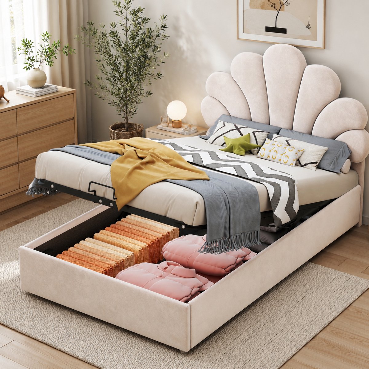 Gestoffeerd bed 90x200 cm - Eenpersoonsbed 90x200 cm - Hoofdbord met Fluwelen stof - Bloemblad-vormig hoofdbord - Houten Lattenbodem - Met Opbergruimte - Beige