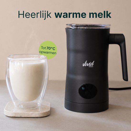 Zwarte melkopschuimer met een glas warme melk. Tekst: "Heerlijk warme melk. Tot 70°C opwarmen."