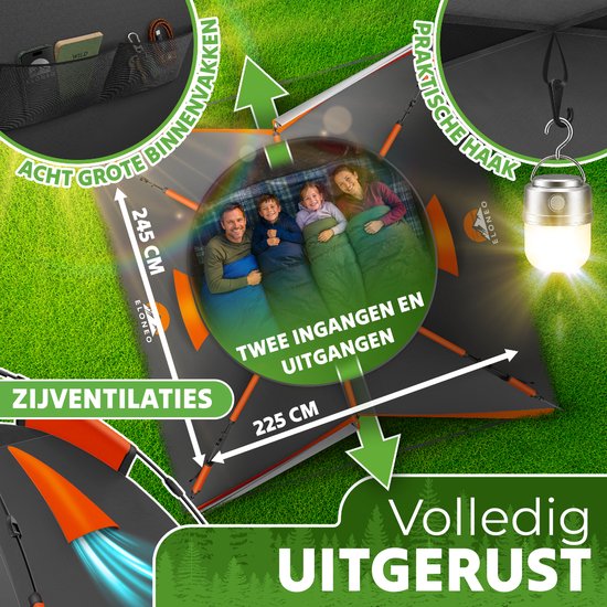 ELONEO Pop-up Tent 2-4 Personen, Wurftent met snelle opbouw - Campingtent 245 x 225 x 150 cm ,Inclusief draagtas, Oranje/Grijs van ELONEO — afbeelding 4