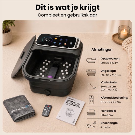Zwart opvouwbaar voetenbad met digitale display, afstandsbediening en handdoek.