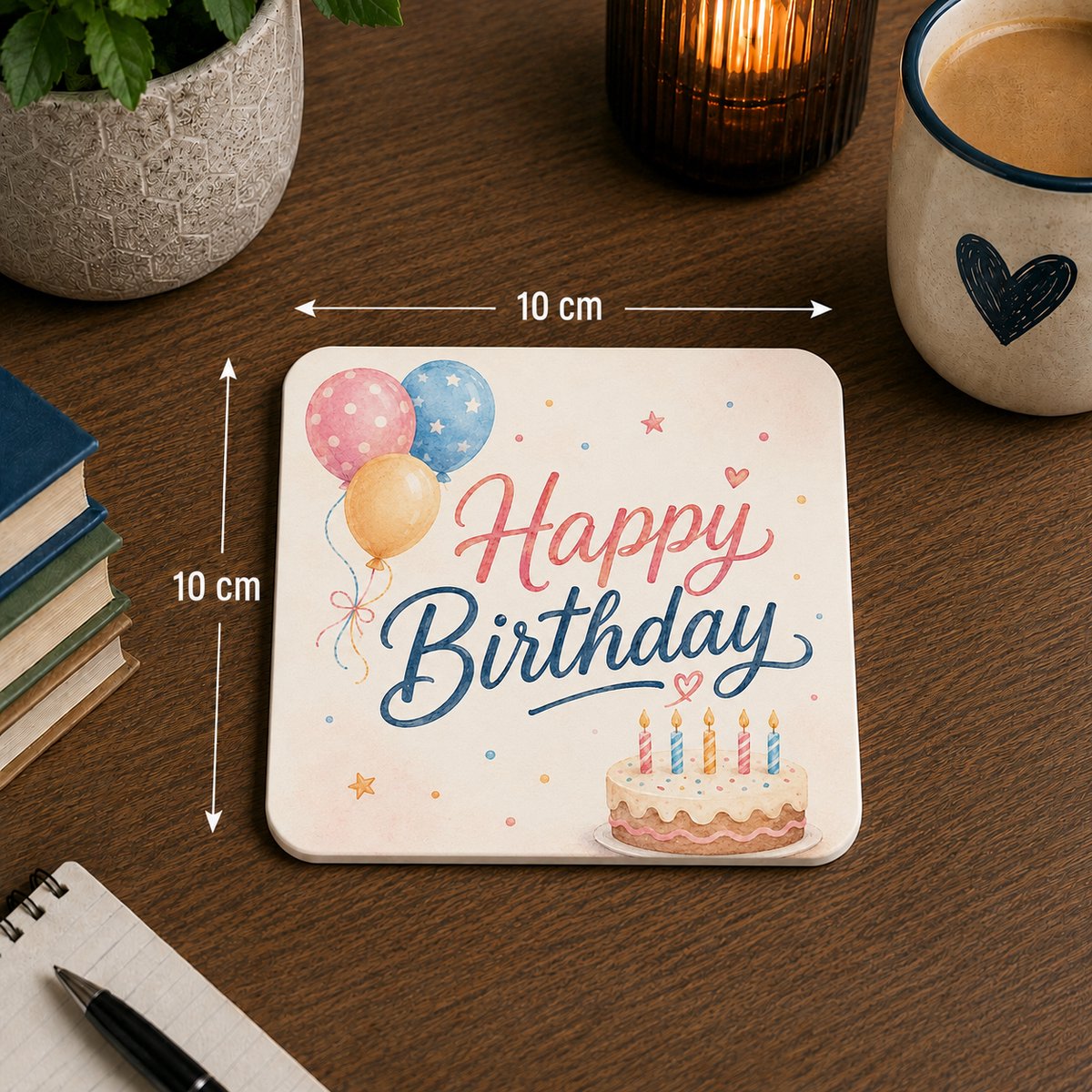 Onderzetter Happy Birthday – 10 x 10 cm – Verjaardag Cadeau – Vierkante Onderzetter met Ballonnen en Taart