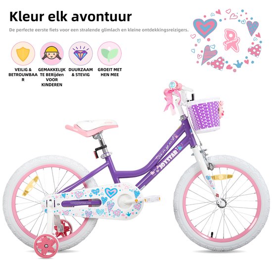 JOYSTAR Angel Meisjesfiets - Verschillende Maten 18 Inch - Met Zijwieltjes - Handrem - Inclusief Mandje - Paars van JOYSTAR — afbeelding 5