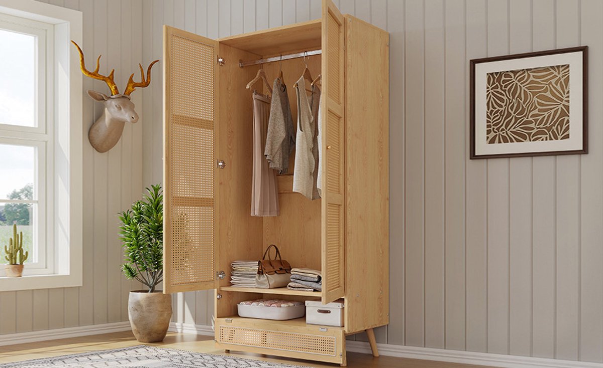 MEUNIQ 2-deurs kledingkast 90 x 45 x 183 cm met kledingroede en onderste klepberging, rattanlook deuren, opbergkast voor slaapkamer of woonkamer, naturel