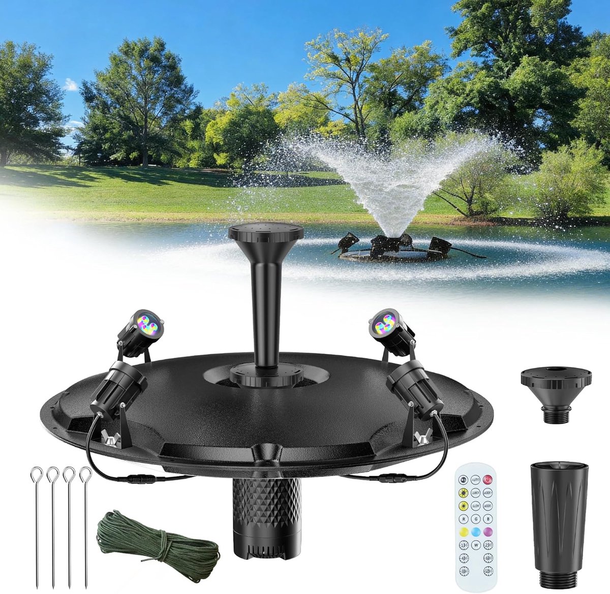 POPOSOAP Drijvende Vijverfontein & Beluchting Complete Set met LED-verlichting - 6000 L/u Hoogwaardige Waterpomp - 9 m Stroomkabel - 3 Sproeipatronen - voor Vijvers - Zwembaden - Meren & Watertuinen
