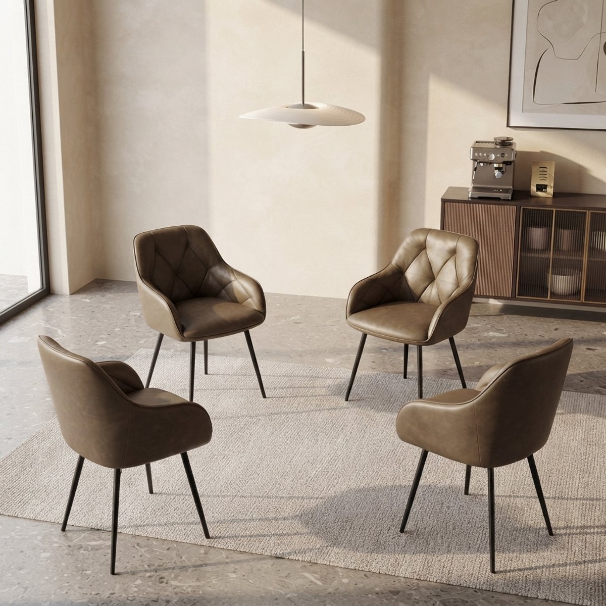 Set van 4 Luxe Ergonomische Eetkamerstoelen met Armleuningen – Vintage Donkerbruin Kunstleer – Moderne Keukenstoelen met Metalen Poten – Comfortabele Design Stoelen voor Eetkamer & Woonkamer – novihomestore