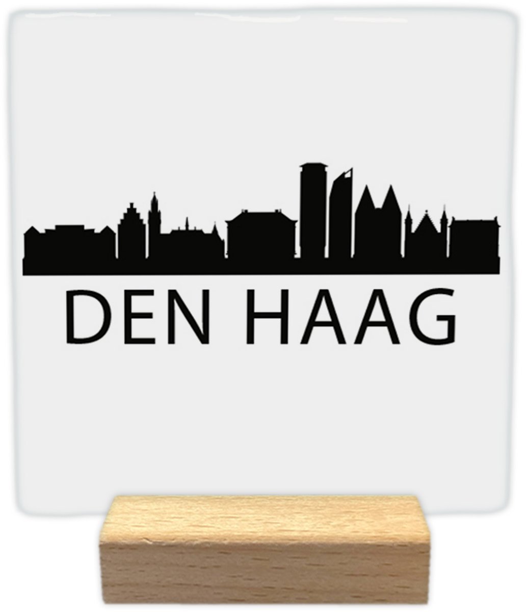 Artige Decoratie tegeltje met tekst - Den Haag skyline - keramisch - 10x10 cm - inclusief houder Wit