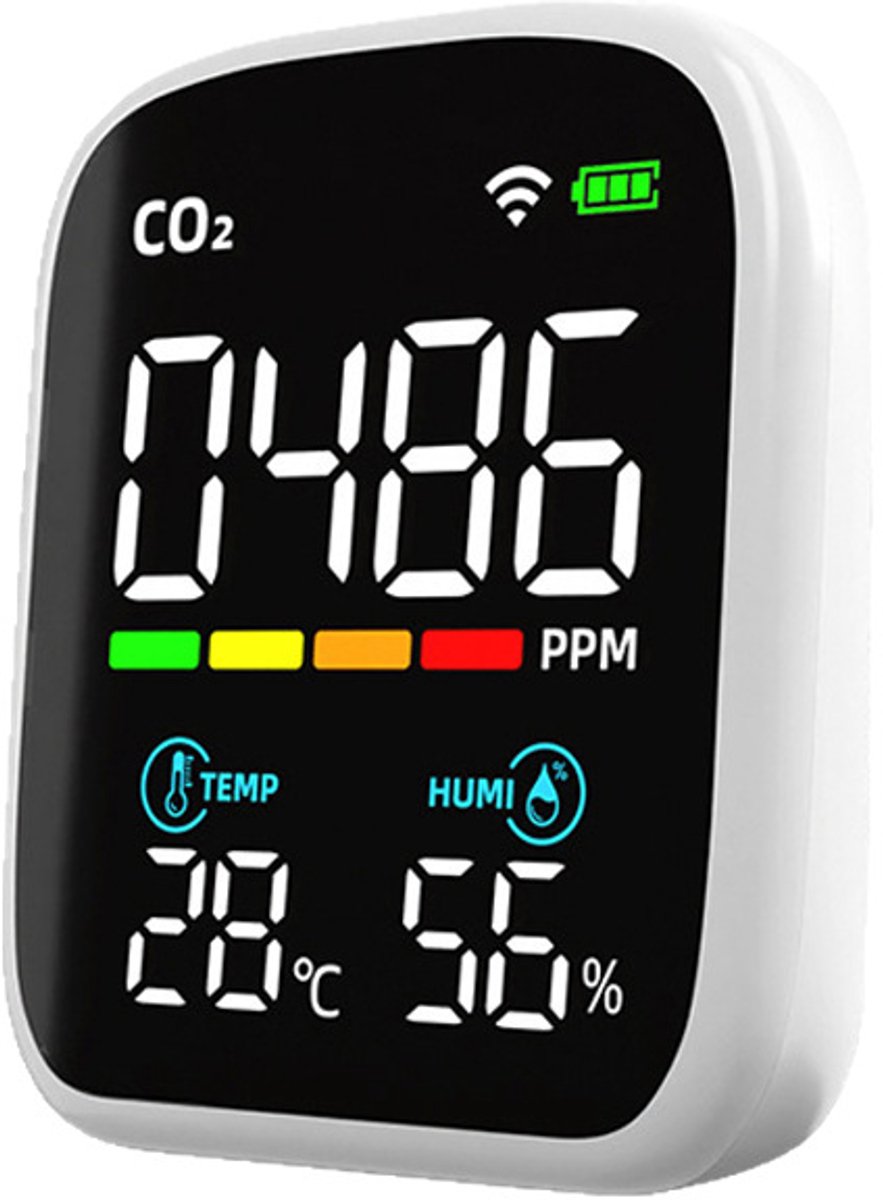 Slimme WiFi CO2-monitor uitgerust met precieze infrarood NDIR-sensor, multifunctionele luchtkwaliteitsmeter voor meting van CO2, omgevingstemperatuur en relatieve luchtvochtigheid, realtime binnenluchtbewaking voor thuis en kantoor
