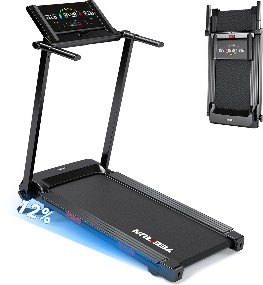 YEE RUN Loopband - Inklapbaar Loopband - 12% Elektrische Hellingsverstelling - Hardloopband - 1-8 km/u Snelheidsbereik - Wandelband - Treadmill - 120 KG Draagvermogen - 12 Programma's - voor thuis & kantoor