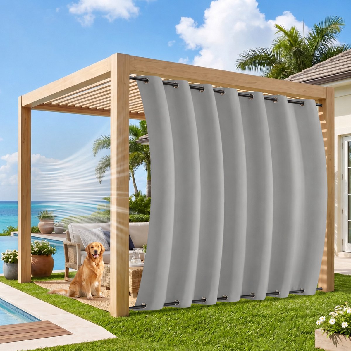 MUPOO Extra Brede Buitengordijnen Waterdicht & Stormbestendig 254cm - Met Dubbelzijdige Bevestiging tegen Wind - Verduisterend & UV Werend - Outdoor Gordijnen voor Terras & Pergola - 254x274 cm - Lichtgrijs- 1 Stuk (Rideau Extérieur Imperméable) Lichtgrijs-1 stuck