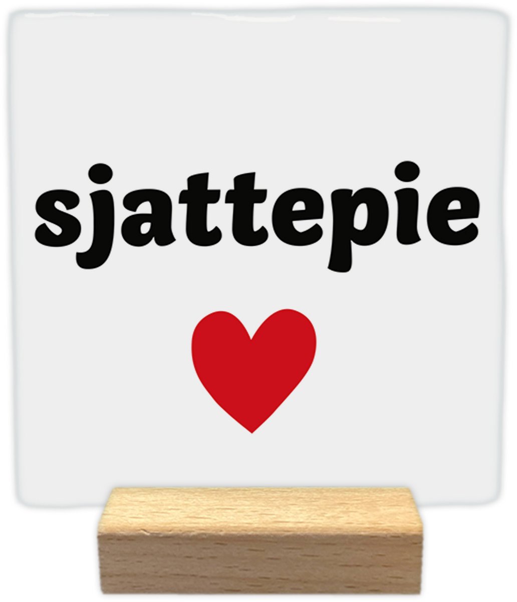 Sjattepie - Keramische decoratie tegel - incl. houten presenteerblok