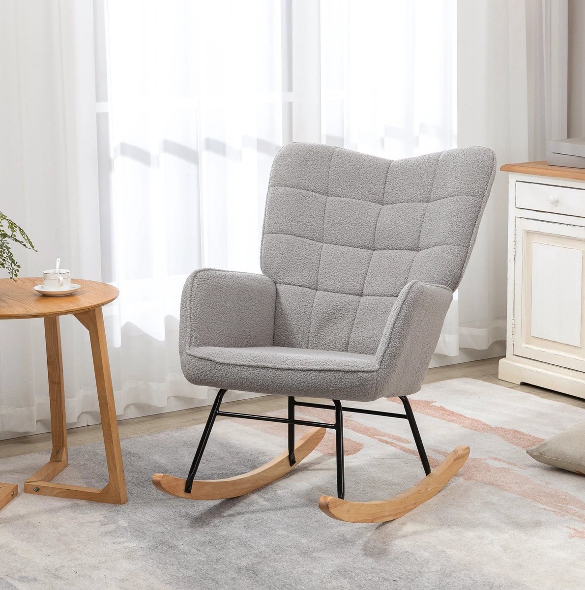 OKWISH Schommelstoel Fauteuil 71 x 98 x 101 cm - Zachte Bekleding Met Schommelfunctie En Armleuningen - Voor Woonkamer Of Slaapkamer - Polyester - Lichtgrijs