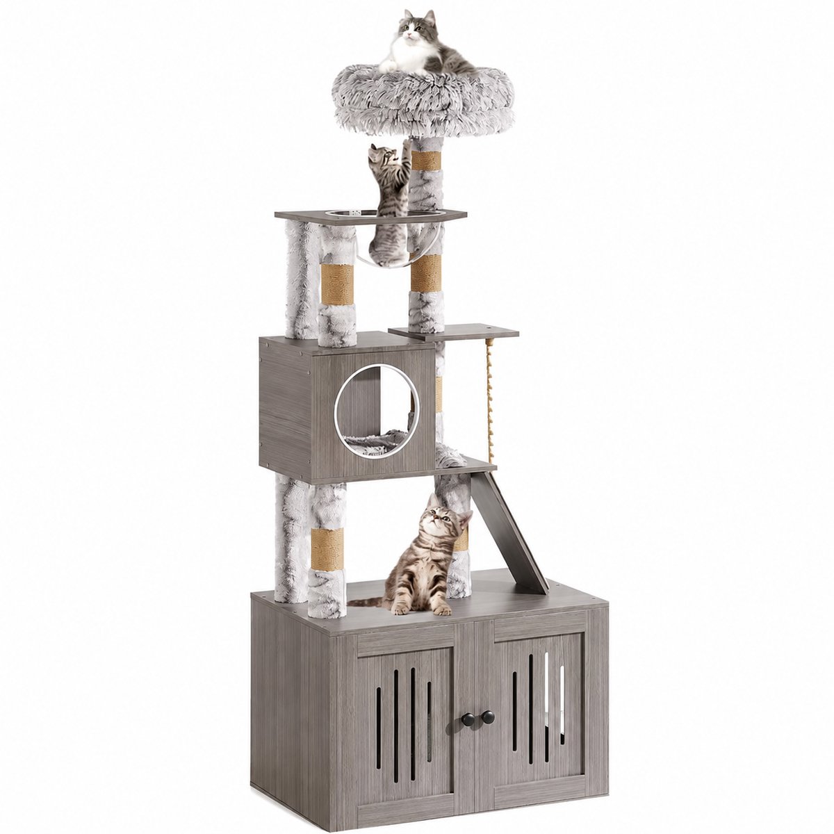 NordPaw® Kattenkrabpaal met Kattenbak Meubel XXL - Kattenboom met Verborgen Kattenbak, Kattenhuis, Hangmat, Pluche Ligbed en Krabpalen - Grijs - 70 x 45 x 170 cm