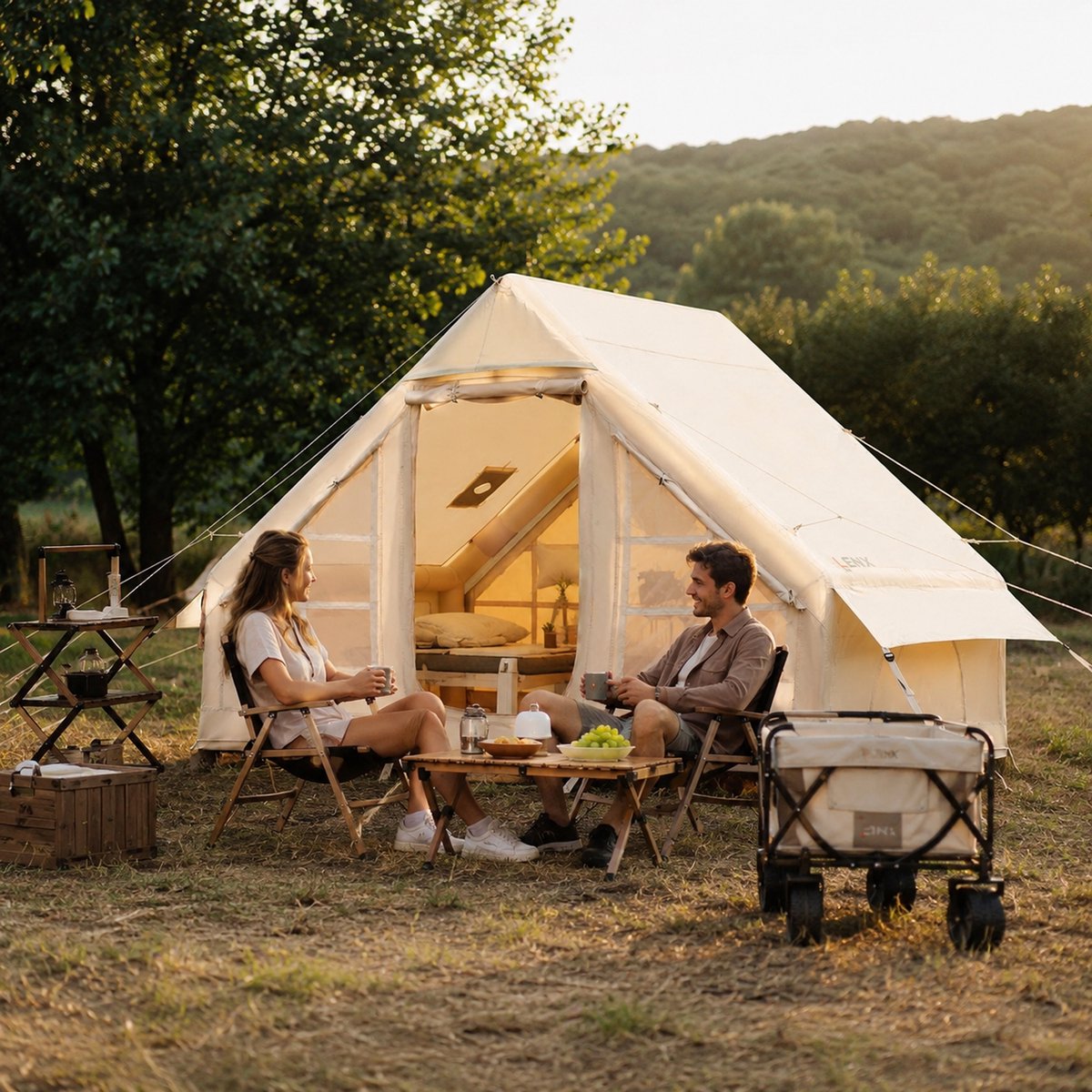 Lenx Opblaasbare Tent 2 tot 4 Personen - 300x210x200 cm - Air Tent - Glamping Tent - Waterdicht - Beige - Inclusief Grondzeil 4x5 m - 420d Oxford Stof – foto 4
