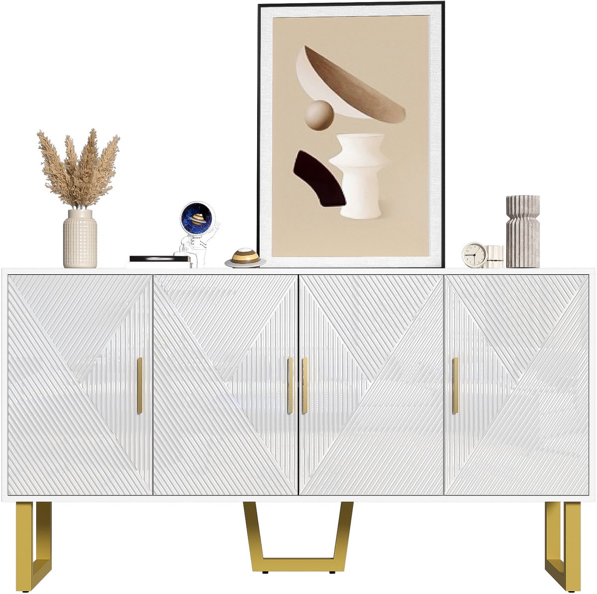 Keukenbuffet - Dressoir MDF Hout met 4 Hoogglans Deuren 150cm - Wit