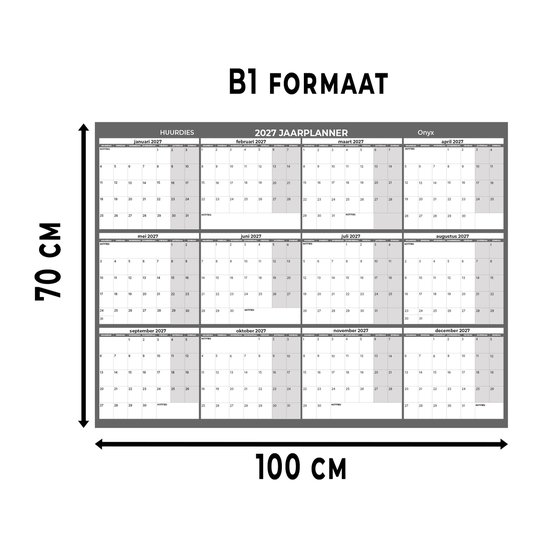 B1 Jaarplanner 2027 met maandindeling, maandag start, weekenden gekleurd, 70 cm x 100 cm.