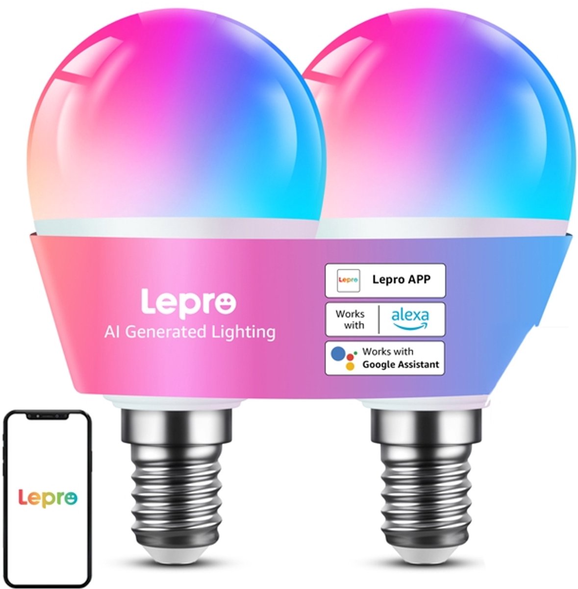 LEPRO BP1-2 E14 LED Bulb with Bluetooth and Wi-Fi, 470 lm, 2-pack