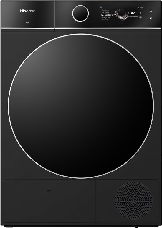 Zwart Hisense wasdroger met grote ronde deur en een aanraakscherm met "Auto" programma.