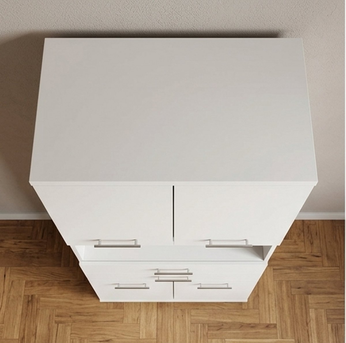 Moderne Hoge Kast met 4 Deuren, 2 Lades en Open Vakken – Wit Mat – 180,9 cm – Multifunctionele Opbergkast voor Kleding, Woonkamer of Hal – NoviHomeStore