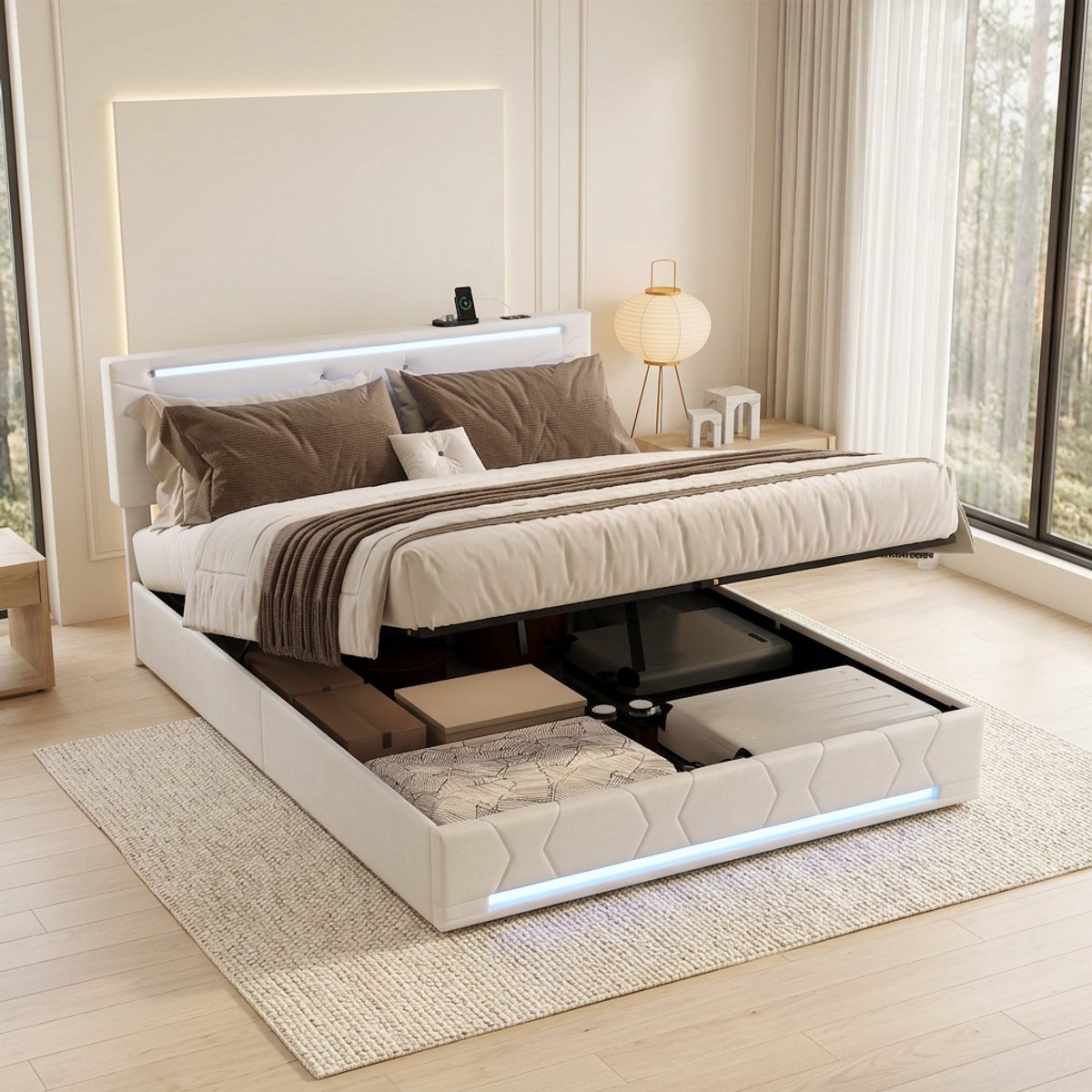 Gestoffeerd bed 140x200 cm met LED-verlichting en USB - Hydraulisch tweepersoonsbed met lattenbodem en opbergruimte, Opbergbed met Verstelbare hoofdeindehoogte, Beige linnen, zonder matras