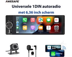 Awesafe 1DIN Autoradio - Draadloos Android Auto Carplay - 6.36 Inch Universeel 1DIN Radio Scherm - HD Achteruitrijcamera - Touchscreen - AUX - FM Radio - Bluetooth