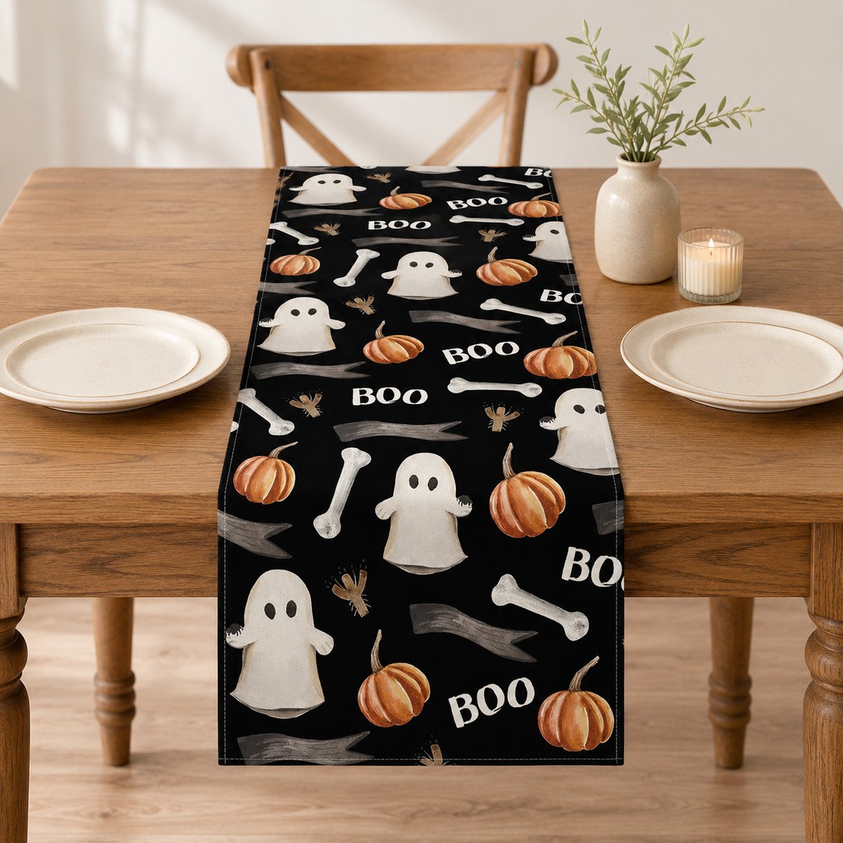 Blazelife Halloweenversieringen Home Bedrukt Velvet textiel Tafelloper - Fluweel - Runner 40*140 - Halloweendecoraties- Kleine Geest - Spook