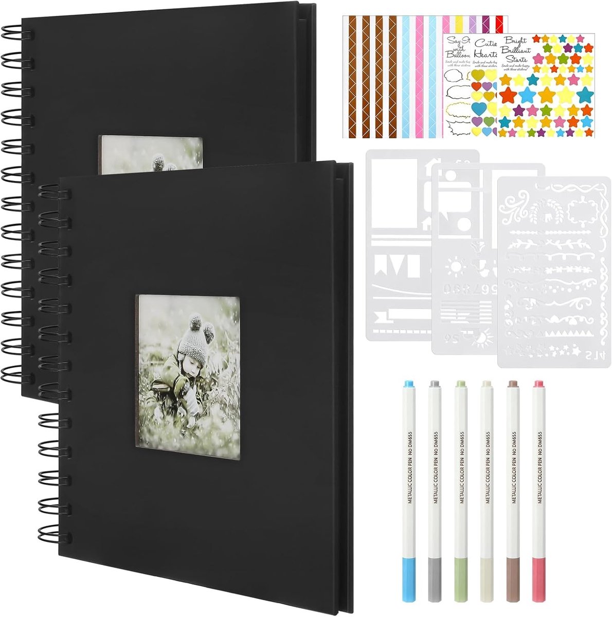 Creatief Zwart Fotoalbum van Karton - 2 Stuks DIY Scrapbook met Kleurborstel en Stickers voor Bruiloft, Verjaardag en Familieherinneringen