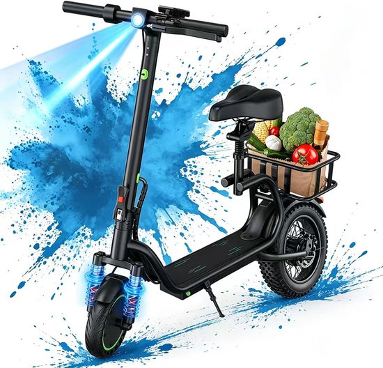 Zwarte elektrische step met een zadel, mandje met groenten, en blauw licht dat uit de koplamp schijnt.