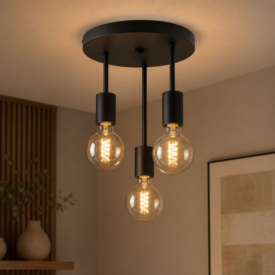 WoonWonder Aislinga Plafondlamp - Plafonniere - 3x E27 Lamp - Industrieel - ⌀ 20cm - Zwart