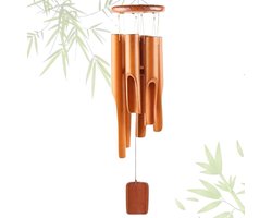 Windgong - 6 Houten Buisjes -Van bamboe hout - Bamboe windgong - Windgong hanger met - Windorgel - Geluid - Tuindecoratie - Terras decoratie - Geschikt voor binnen en buiten- Herinneringsgeschenken - Bruin