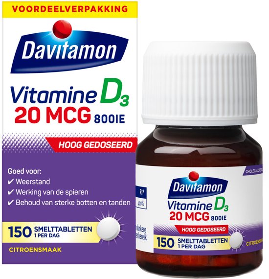 Voordeelverpakking Davitamon Vitamine D3 20 mcg 800IE Hoog Gedoseerd, met flesje 150 smelttabletten citroensmaak.
