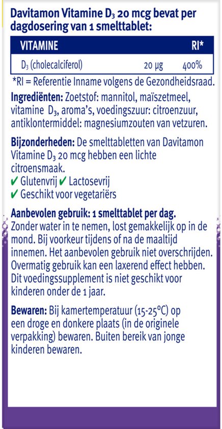 Davitamon Vitamine D3 20 mcg smelttabletten: ingrediënten, gebruik en bewaren.