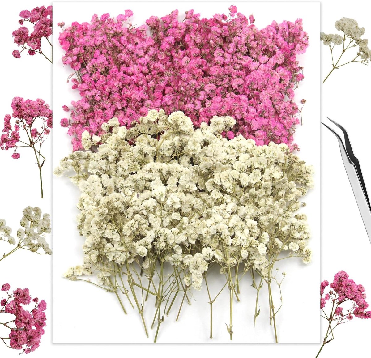 SnelShoppen - Pack van 120 Gedroogde Gypsophila Witte Roze Bloemen voor Creatieve Knutselprojecten, Kaarsdecoratie, Resin Crafts, Wenskaarten, Manicur