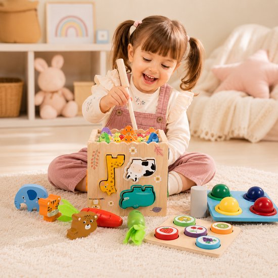 De Kleine Ontdekkerskubus - 8 in 1 Houten Montessori Sorteerspel met Vormen, Dieren, Kleuren en Klok - Intellikids van Intellikids — afbeelding 4