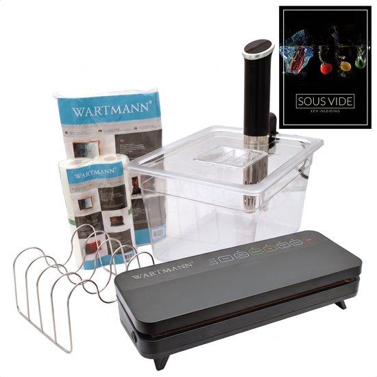 Wartmann sous-vide set met vacuümmachine, vacuümrollen, circulator, waterbak, rekje en deksel.
