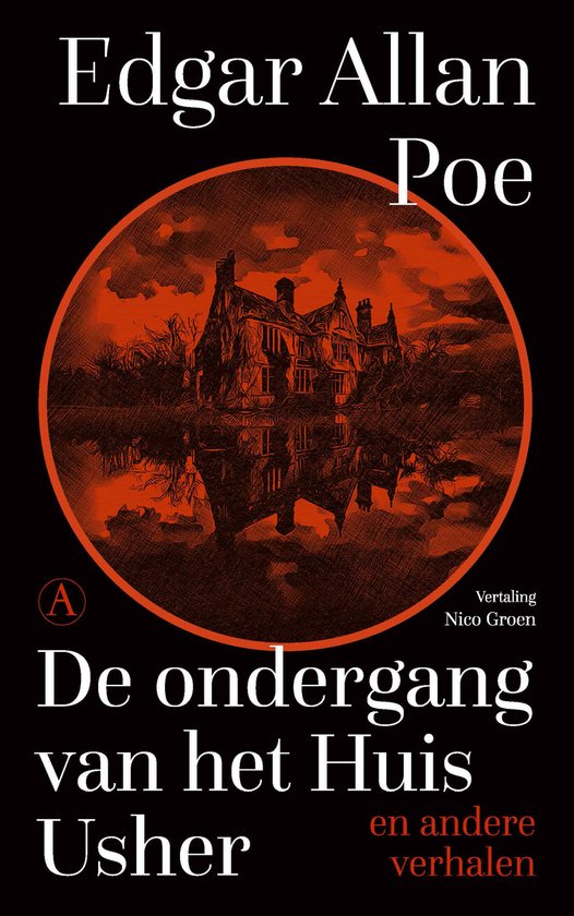 Couverture du livre d'Edgar Allan Poe 'La Chute de la Maison Usher' avec une illustration rouge circulaire d'une maison hantée.