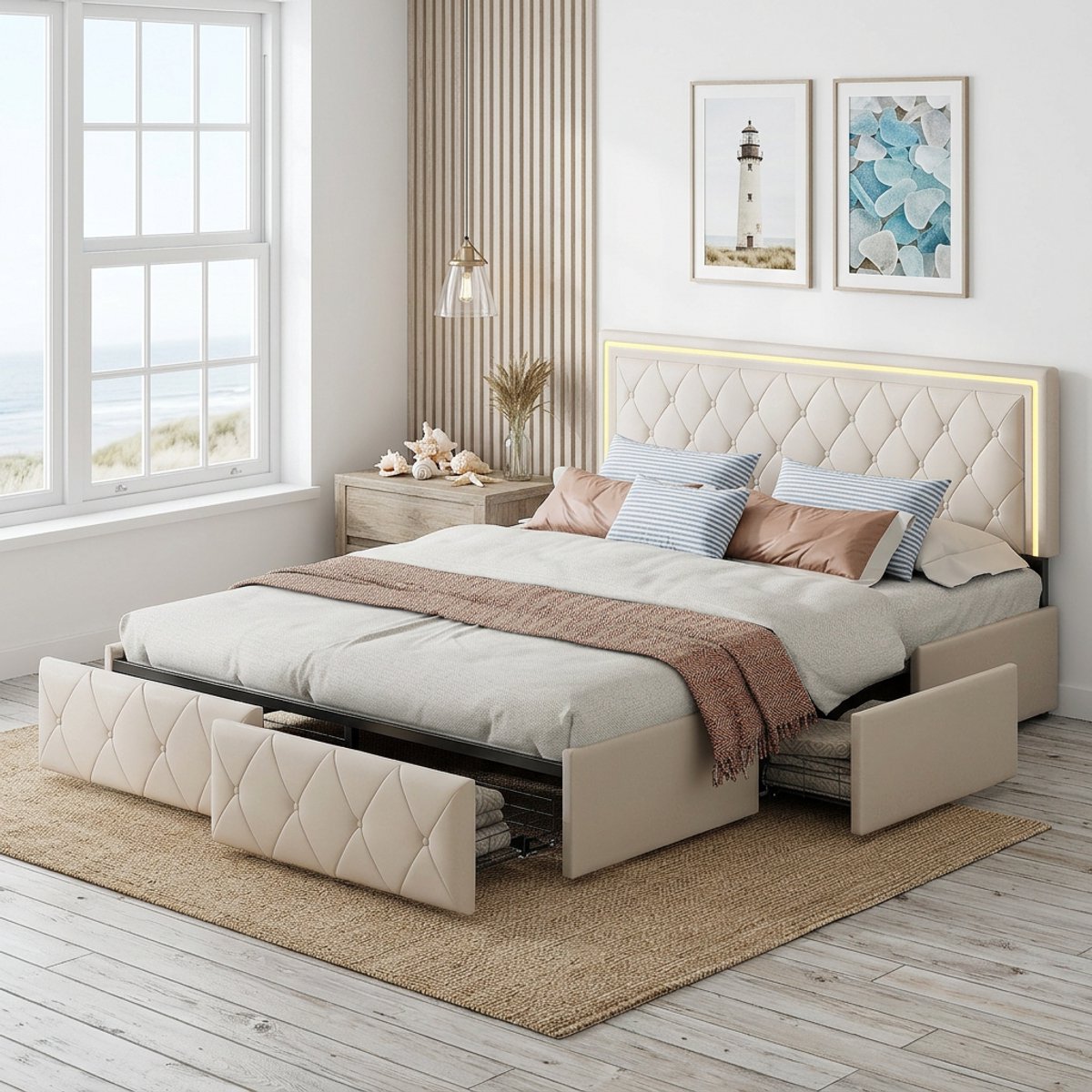 MEXUS Tweepersoonsbed 140x200 cm met 4 laden, Gestoffeerd Bed met LED en Lattenbodem, Opbergbed bedframe met Opbergruimte en Verstelbare hoofdeindehoogte, PU beige, zonder matras