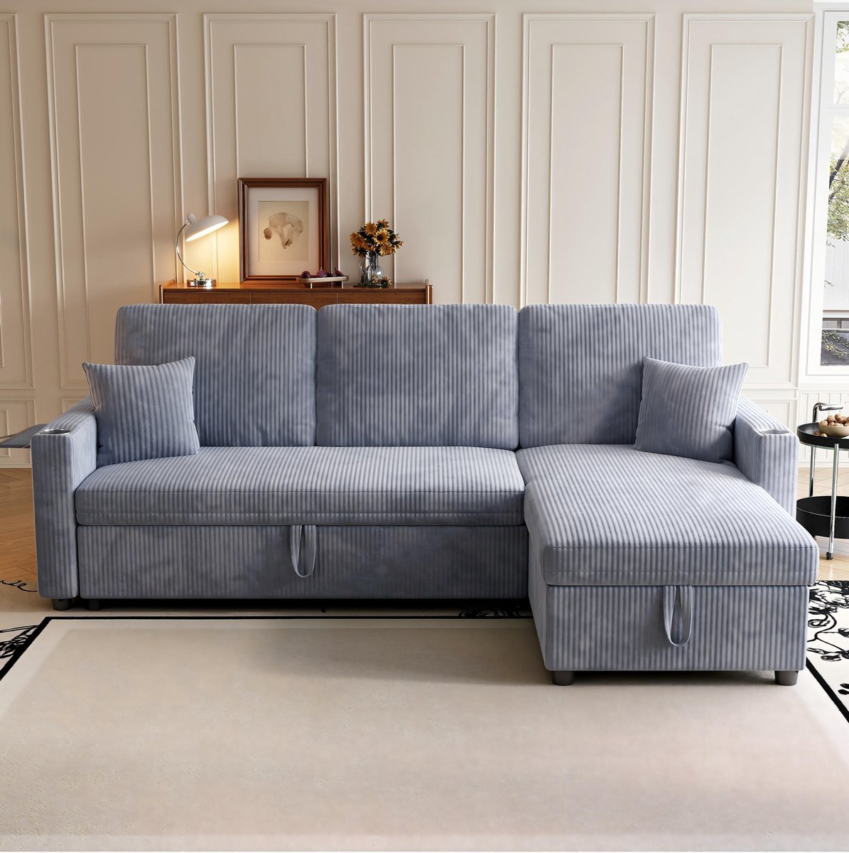 DESMIU Hoekbank 207,5 x 142 x 84,5 cm - L-Vormige Slaapbank Met Opbergruimte En Oplaadpunten - Voor Woonkamer - Corduroy Grijs