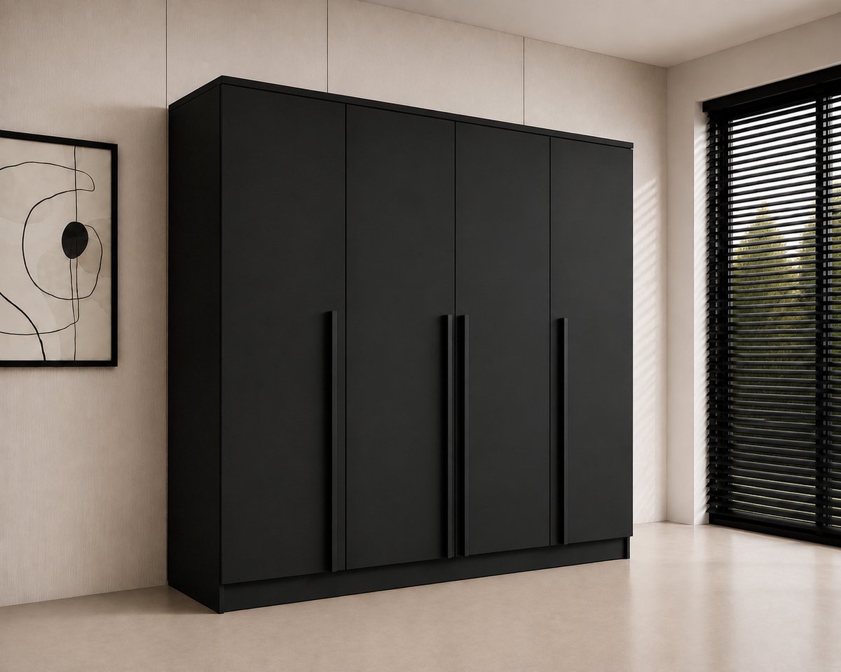 Pro-meubels - Kledingkast Istanbul - 200 x 52 x 200 cm – Zwart Mat – 4 Deuren - 2 Lades - Slaapkamer