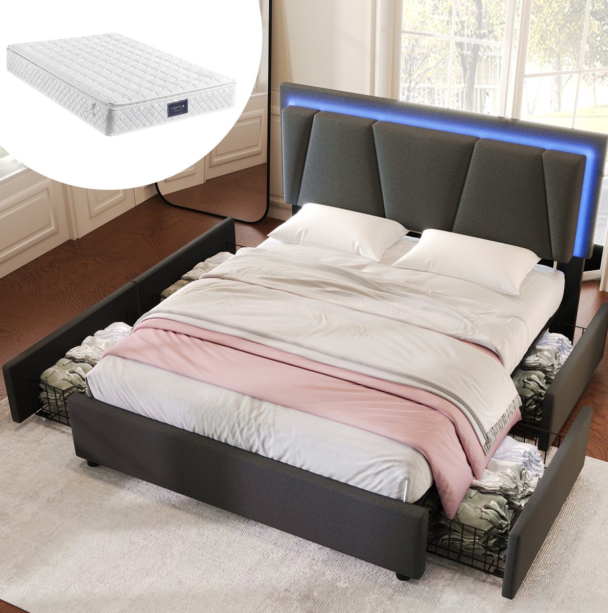 MIVRAY Gestoffeerd Bed 160x200 cm - Tweepersoonsbed Met LED Verlichting, 4 Laden en Matras - Verstelbaar Hoofdbord - Hout Metaal Stof - Grijs