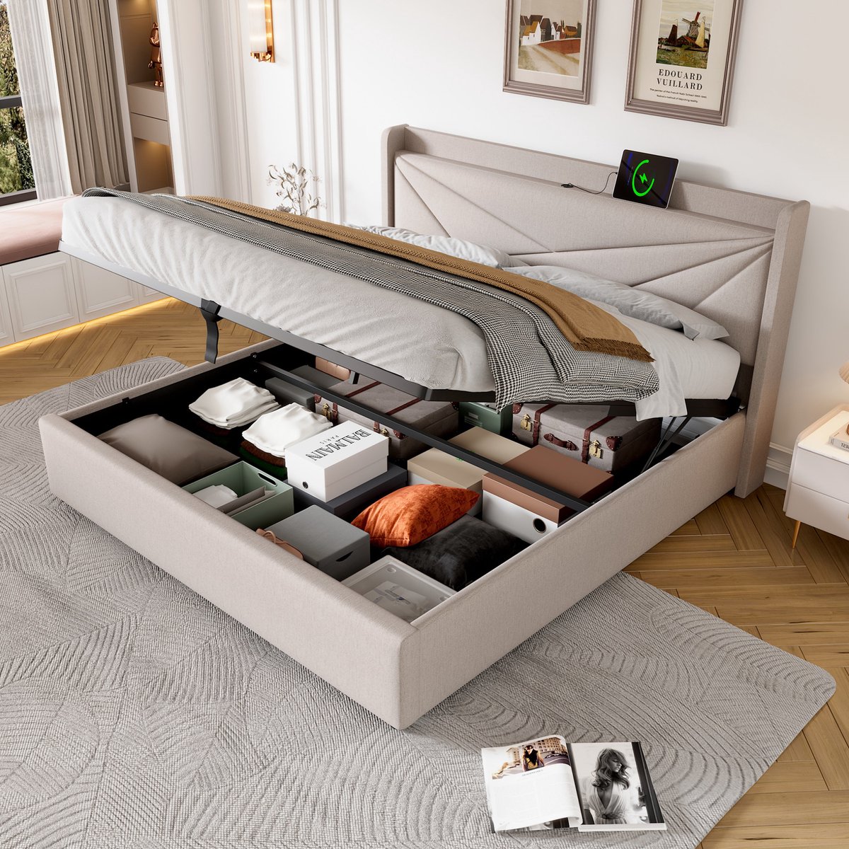 MIVRAY Bed 180x200 cm - Tweepersoonsbed Met USB en Type C in Hoofdbord, Zonder Matras - Met Opbergruimte en Lattenbodem - Stof - Beige
