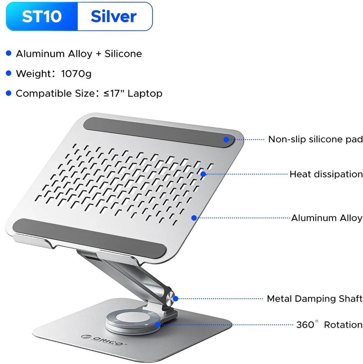 Golaro Laptop standaard - Laptop standaard verstelbaar - Laptopverhoger - 360° Draaibaar - Inklapbaar - Verstelbaar - Zilvergrijs
